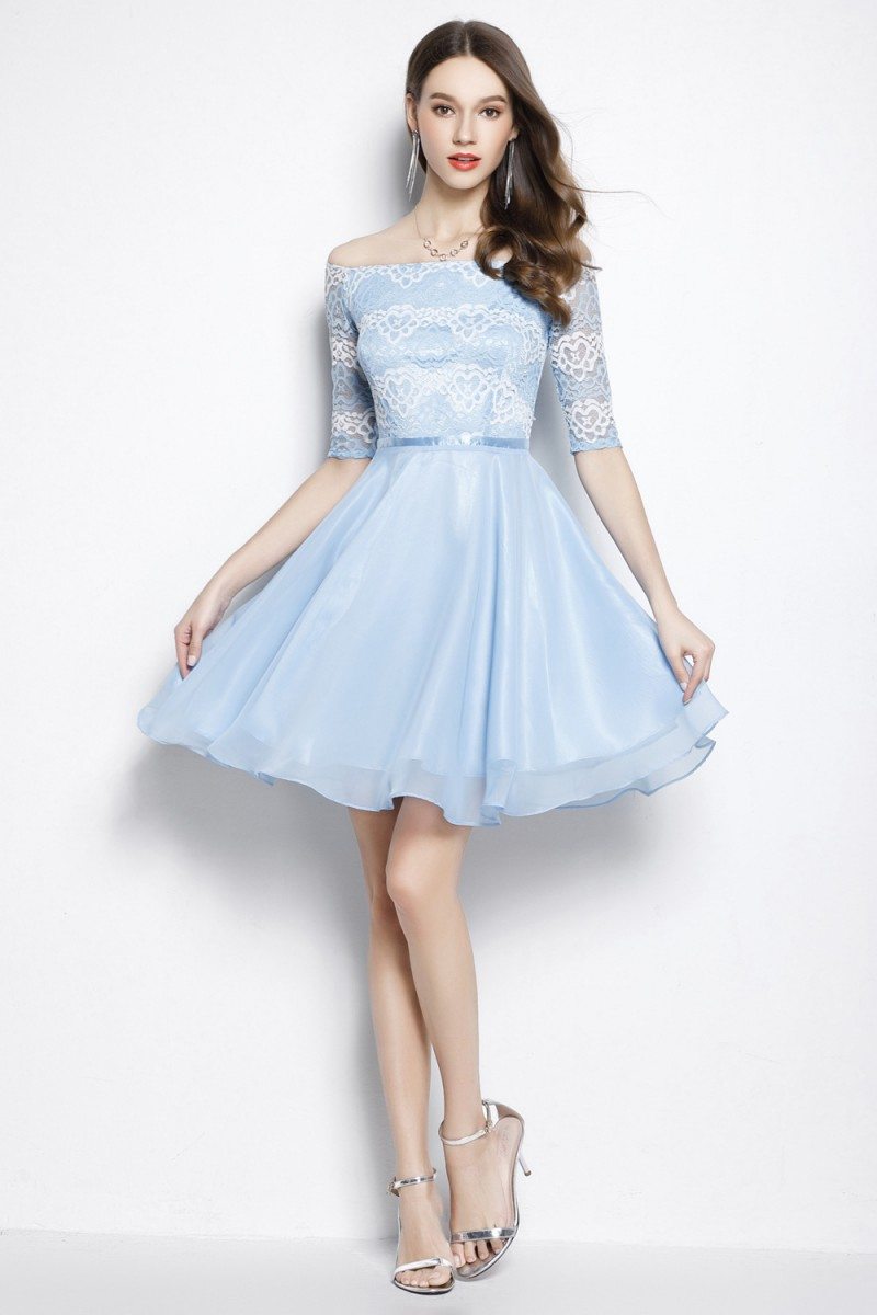 Blue Lace Off Shoulder Short Party Dress - $64.86 #CK2033 - SheProm.com