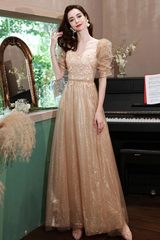 Elegant Bling Gold Lace Aline Long Prom Dress with Bubble Sleeves