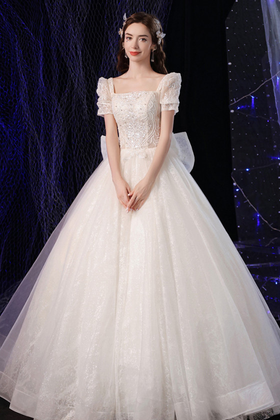 All Lace Square Neck Ballroom Bow Wedding Dress with Beaded Bubble Sleeves