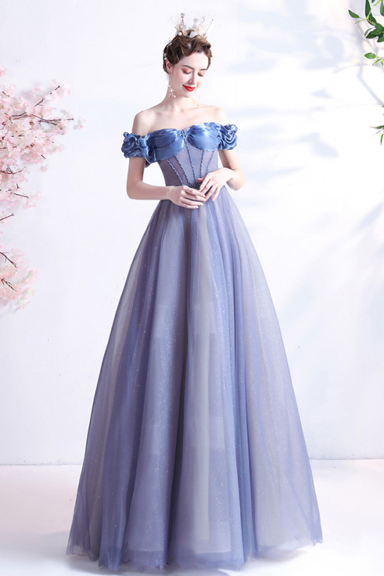 Elegant Blue Pleated Prom Dress with Off Shoulder Sleeves