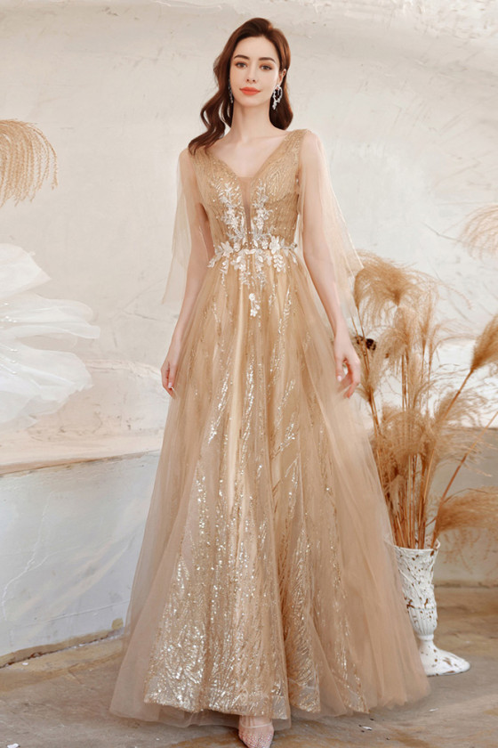 Gorgeous Gold Sequined Lace Vneck Formal Prom Dress with Tulle Sleeves