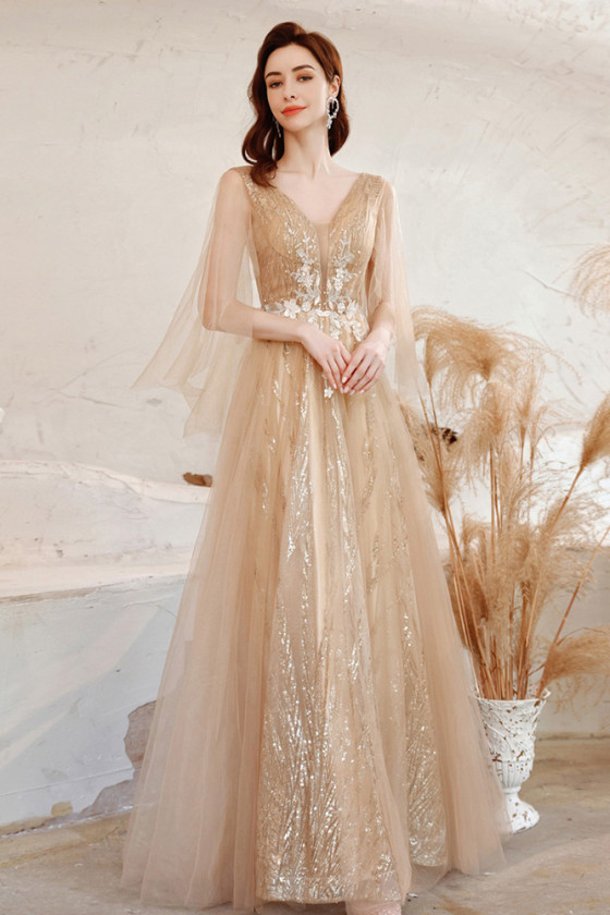 Gorgeous Gold Sequined Lace Vneck Formal Prom Dress with Tulle Sleeves -  $155.988 #P74054 - SheProm.com