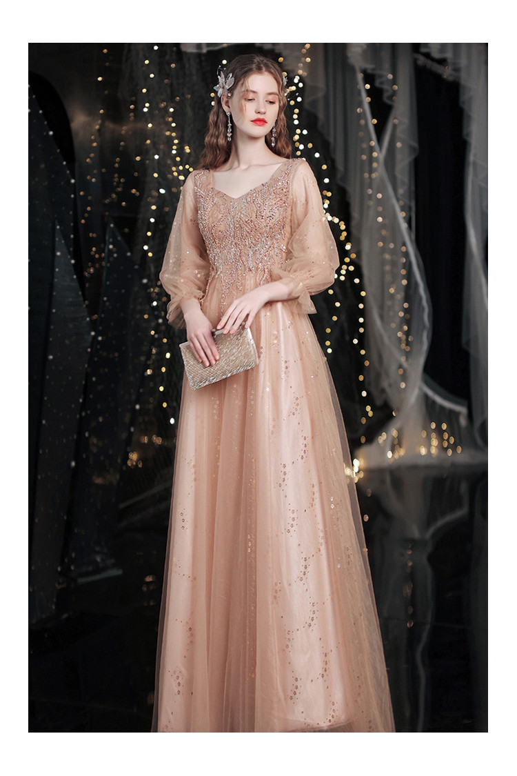 Elegant Aline Long Rose Gold Sequined Prom Dress with Sheer Sleeves ...