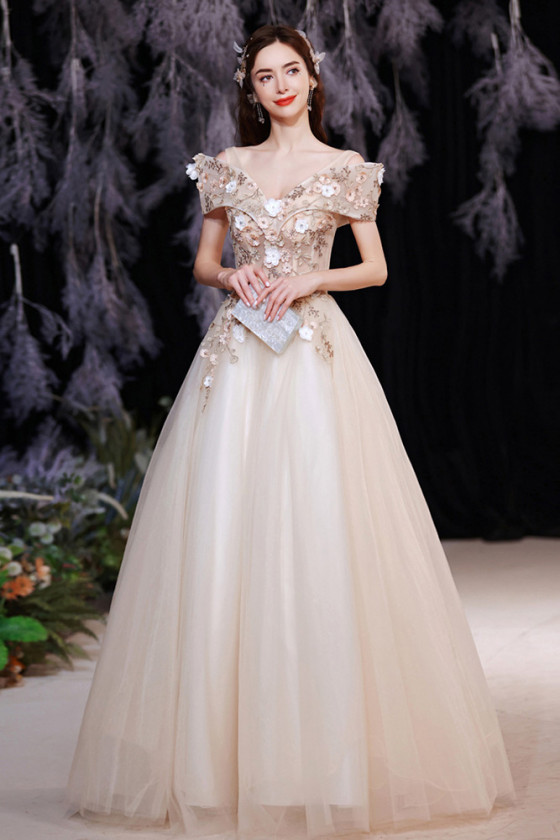 Off Shoulder Champagne Ballgown Prom Dress with Flowers Lace Top