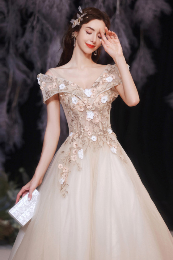 Off Shoulder Champagne Ballgown Prom Dress with Flowers Lace Top - $162 ...