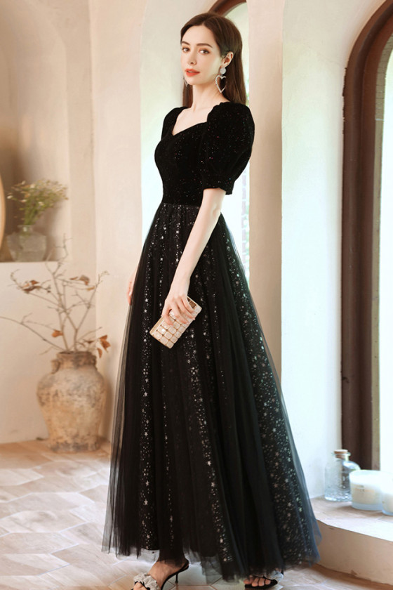 Retro Square Neck Black Bubble Sleeved Party Dress with Bling Stars ...