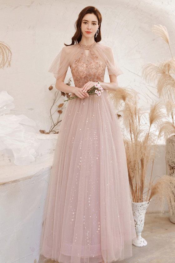 Cute Pink Tulle Headed Halter Beading Prom Dress with Bling Sequins