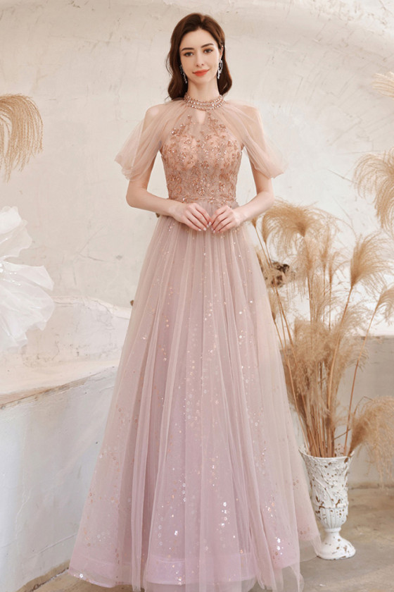 Glamorous Halter Ombre Pink Tulle Sequin Beaded Long Evening Dress Birthday Prom Dresses SP1305 main image 1