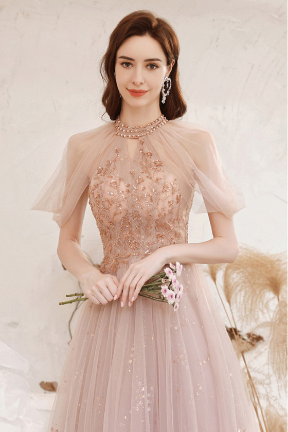Cute Pink Tulle Headed Halter Beading Prom Dress with Bling