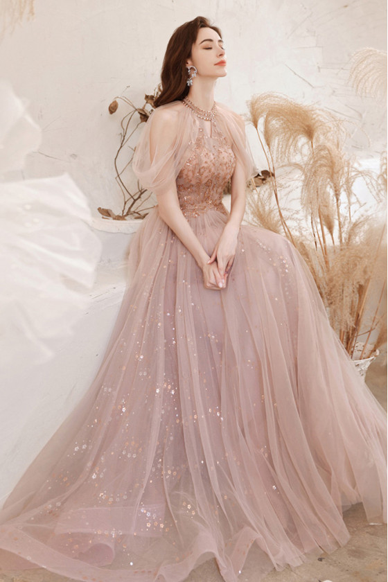 Halter Pink Sequin A Line Tulle Beading Prom Dress