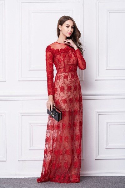 long sleeve red lace gown
