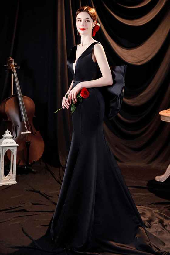 Formal Long Black Satin Evening Prom Dress Backless with Big Bow - $140 ...