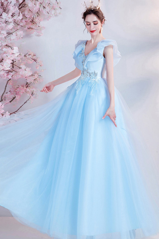 Applique Sky Blue Ballgown Tulle V Neck Prom Dress with Cap Sleeves ...