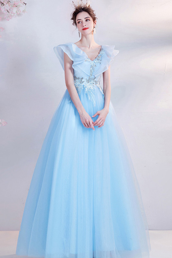 Applique Sky Blue Ballgown Tulle V Neck Prom Dress with Cap Sleeves