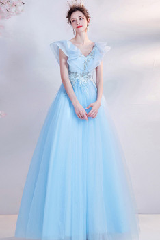 Applique Sky Blue Ballgown Tulle V Neck Prom Dress with Cap Sleeves ...