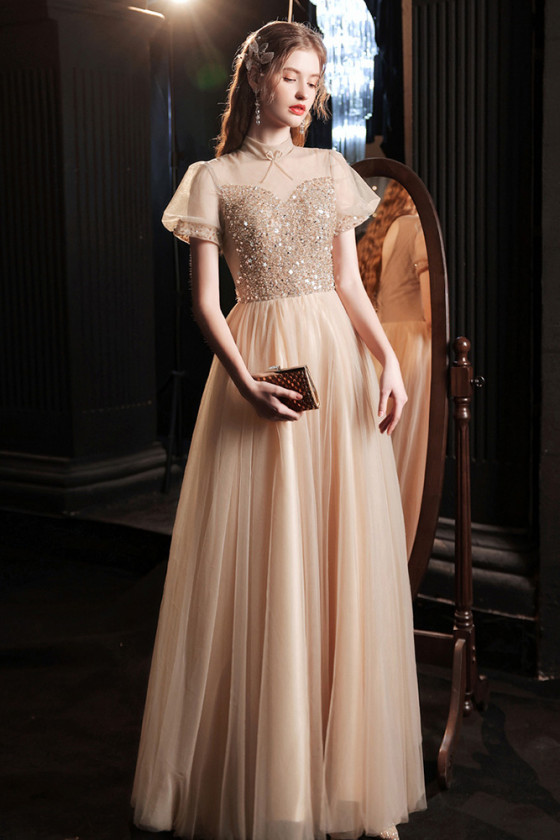 Elegant Champagne Bubble Sleeves Prom Dress with Bling Beading Top