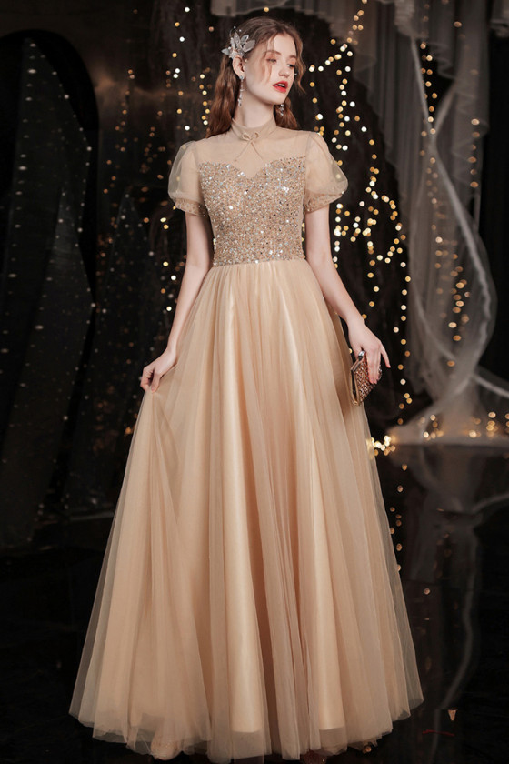 Elegant Champagne Bubble Sleeves Prom Dress with Bling Beading Top