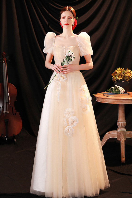 Beautiful Square Neck Long Tulle Champagne Prom Dress Bubble Sleeves with Flowers