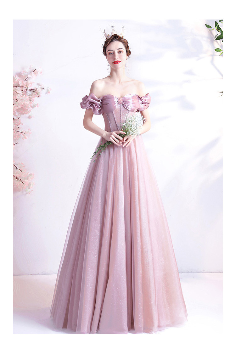 Cute Pink Off Shoulder Aline Tulle Prom Dress with Ruffle - $155.988 # ...