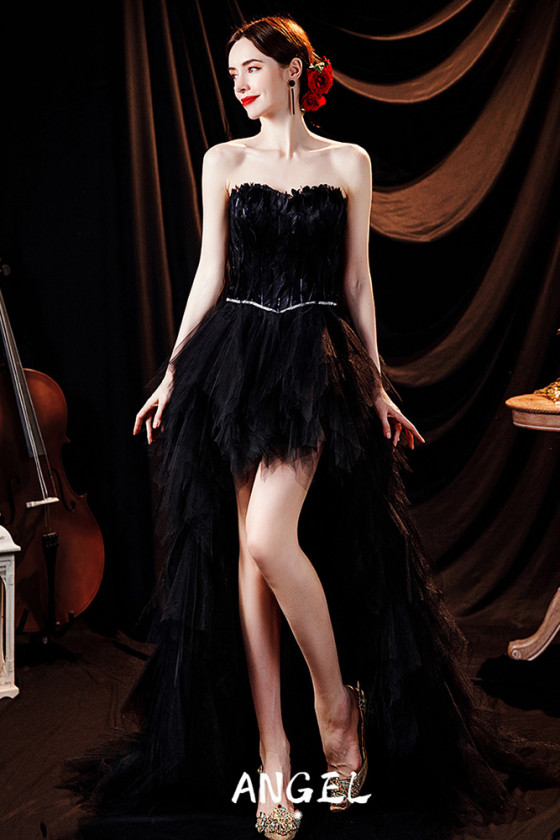 High Low Cascading Ruffle Black Prom Dress Strapless Long Train with Feathers