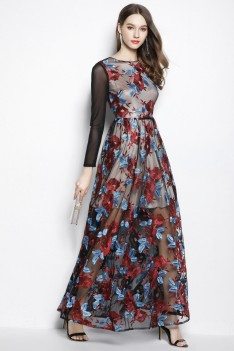 Organza Embroidery Long Sleeve Prom Dress - CK2061