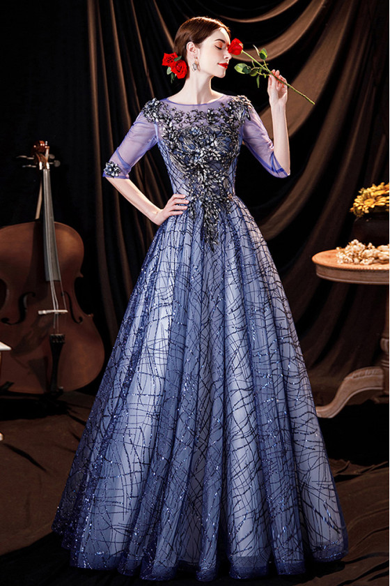 Sheer Half Sleeves Bling Blue Prom Dress Gown with Sequined Patterns