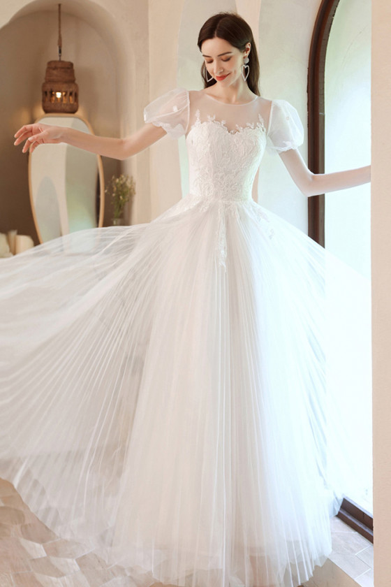 Simple Tulle Ivory White Aline Wedding Prom Dress with Sheer Neck Sleeves