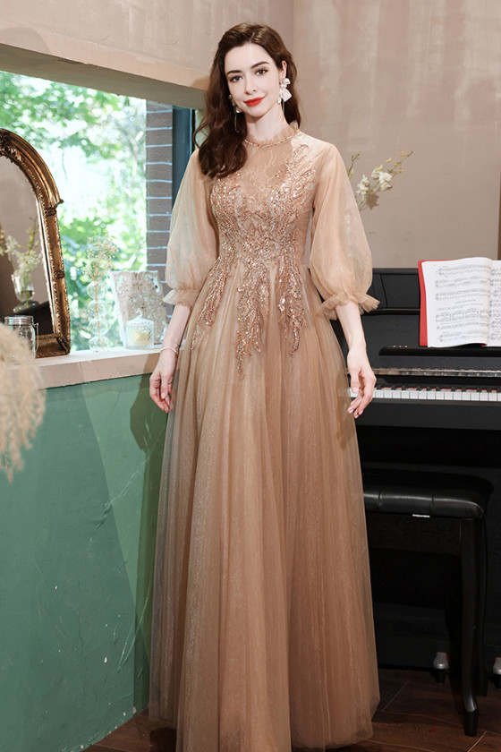 Gorgeous Tulle Long Brown Prom Dress with Tulle Lantern Sleeves