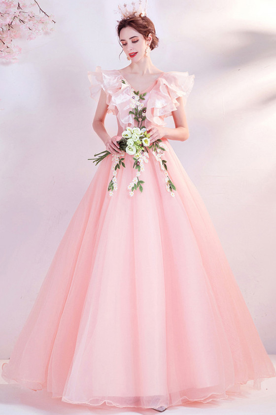 Fairytale Ball Gown V Neck Tulle Prom Dress with Ruffle Sleeves Flowers