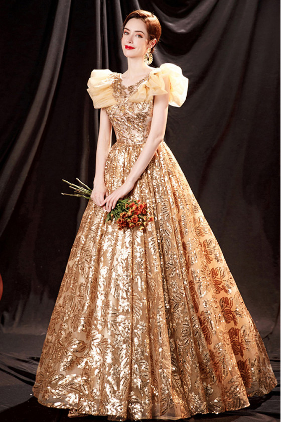 bright gold dress Bright Spakrly Gold Sequined Party Prom Gown Dress with Ruffled Sleeves -  $171.5904 #P74108