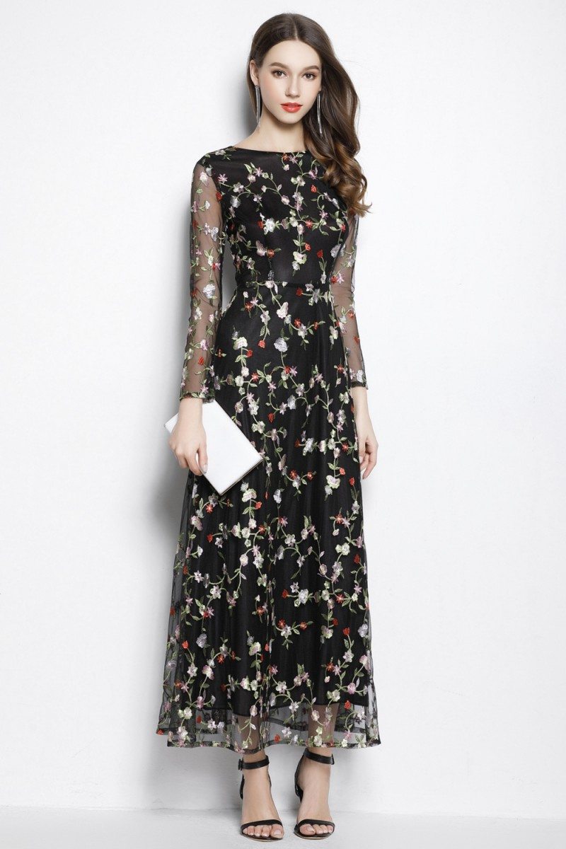 Black Organza Floral Long Party Dress Long Sleeves - $95 #CK2065 