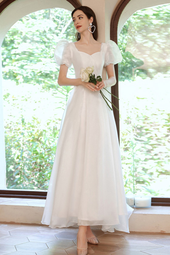 Simple White Square Bubble Sleeve Formal Party Dress with Bow - $137. ...