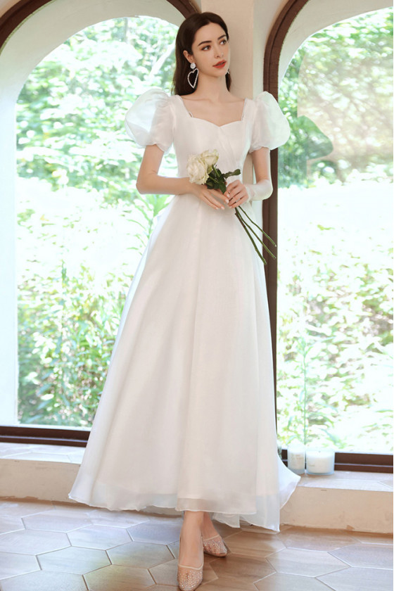 Simple White Square Bubble Sleeve Formal Party Dress with Bow - $137. ...