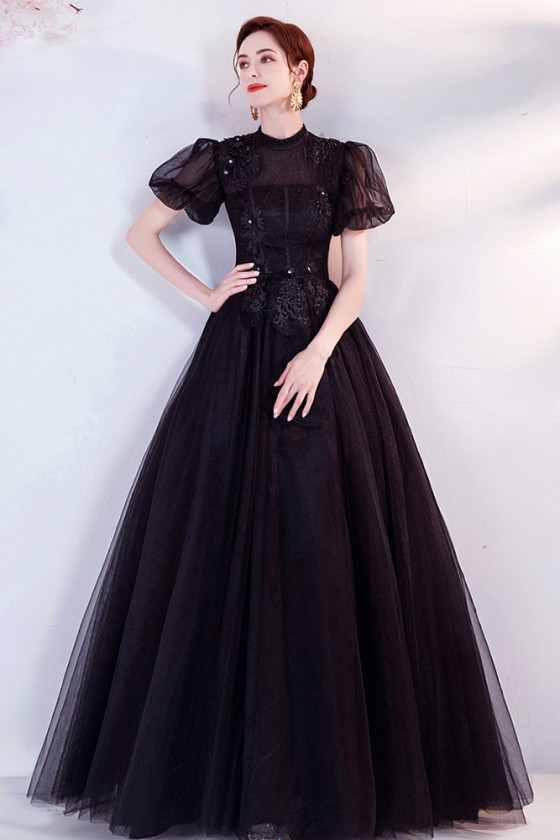 High Neck Lace Gothic Long Black Prom Dress with Bubble Sleeves - $158. ...