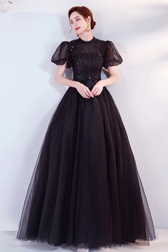 High Neck Lace Gothic Long Black Prom Dress with Bubble Sleeves - $158. ...