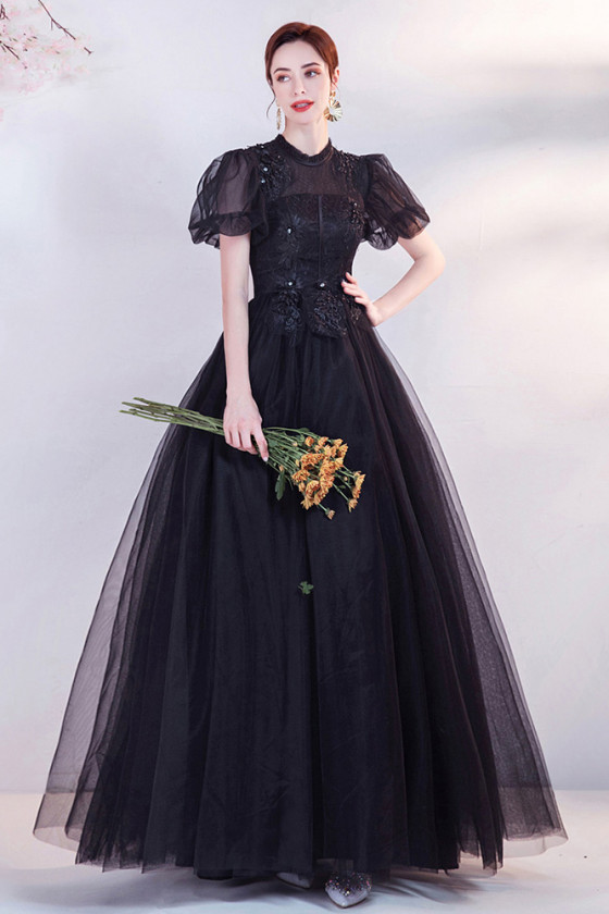 High Neck Lace Gothic Long Black Prom Dress with Bubble Sleeves
