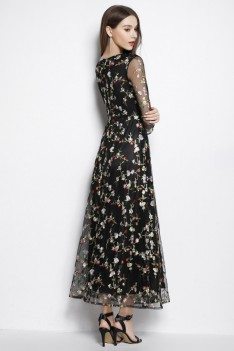 Black Organza Floral Long Party Dress Long Sleeves - CK2065