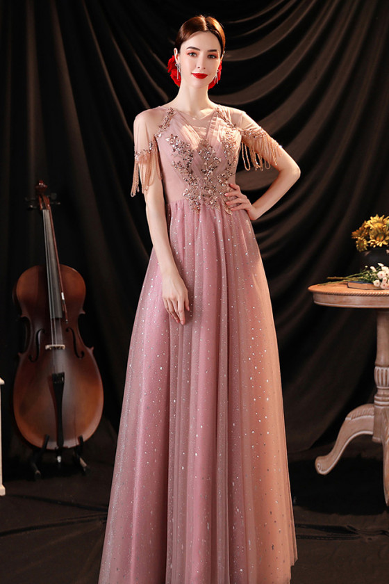 Sequin Pink Tulle Gorgeous Aline Prom Dress with Beading Patterns