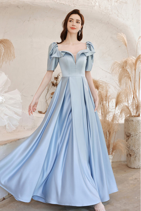 baby blue satin prom dress Mermaid Spaghetti Strap Sleeveless Light Blue Satin Long Satin Prom Dr –  cathyprom main image 0