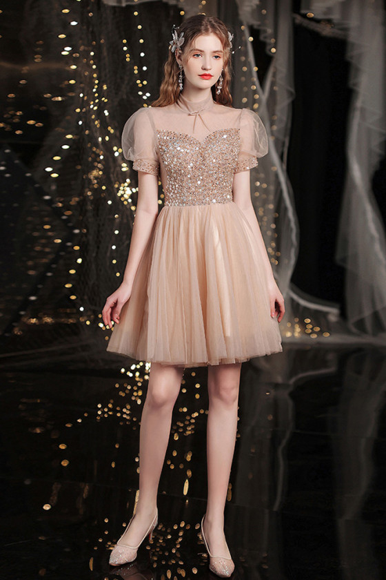 Modest Champagne Short Tulle Champange Prom Dress with Beading Top