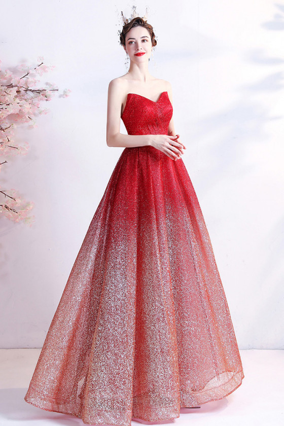 Strapless Ombre Red Sequin Prom Dress with Sweetheart Neck