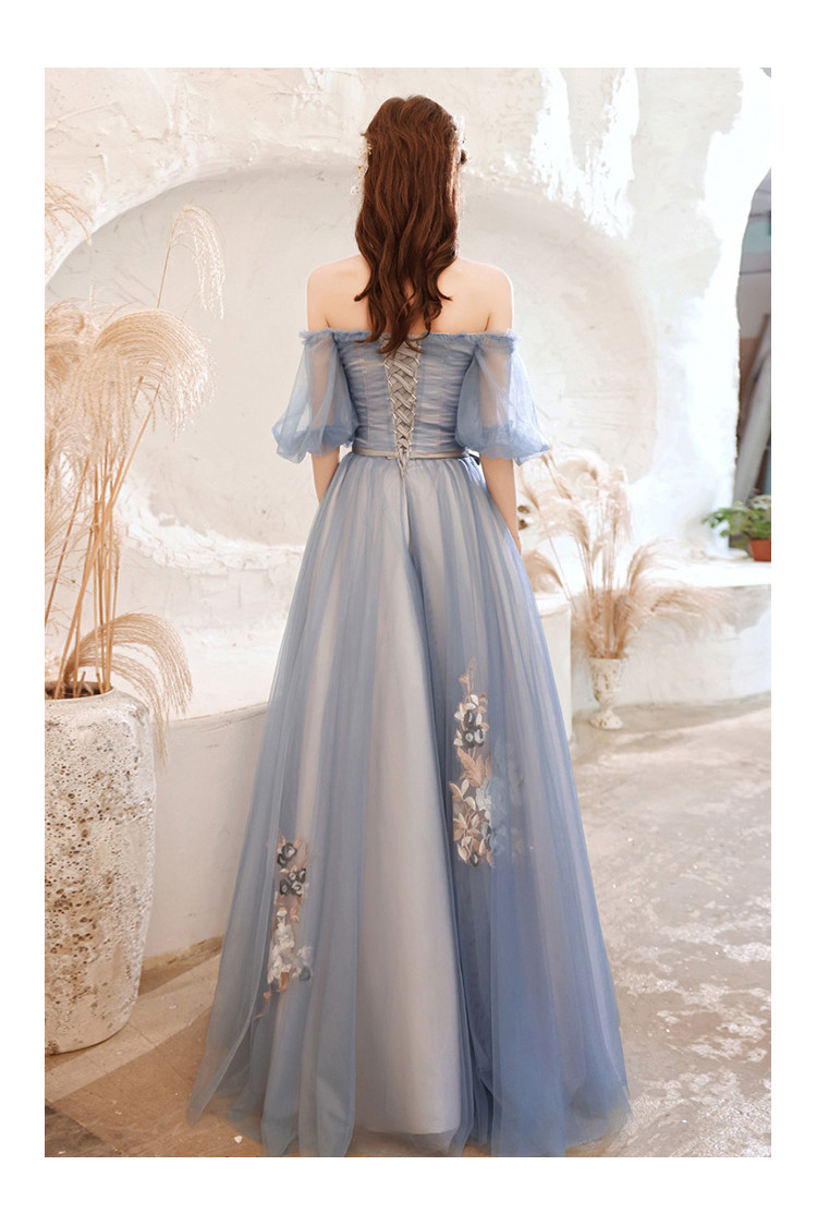 Beautiful Blue Off Shoulder Sleeves Prom Dress with Fairy Flowers ...