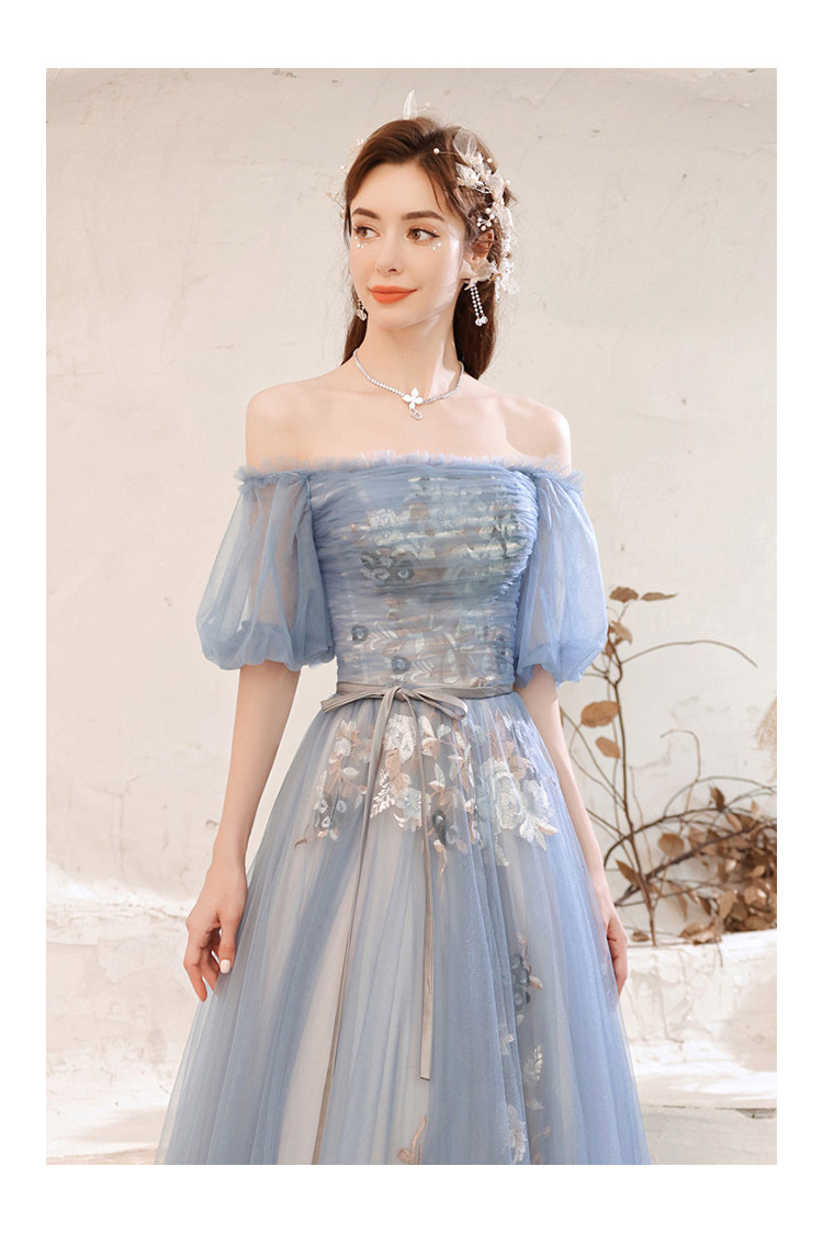 Beautiful Blue Off Shoulder Sleeves Prom Dress with Fairy Flowers ...