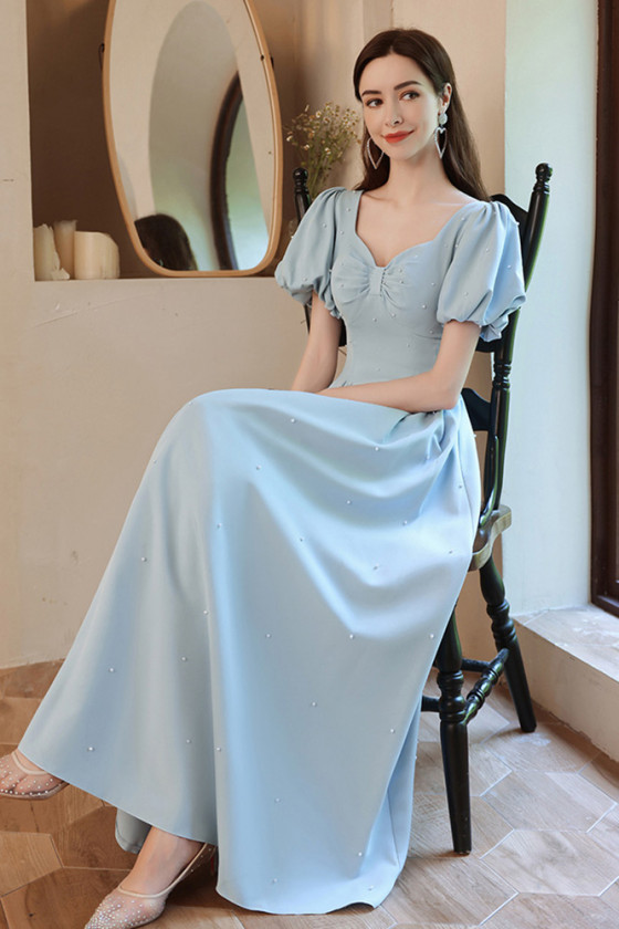 Modest Blue Bubble Sleeves Simple Prom Dress Aline with Beadings - $133 ...