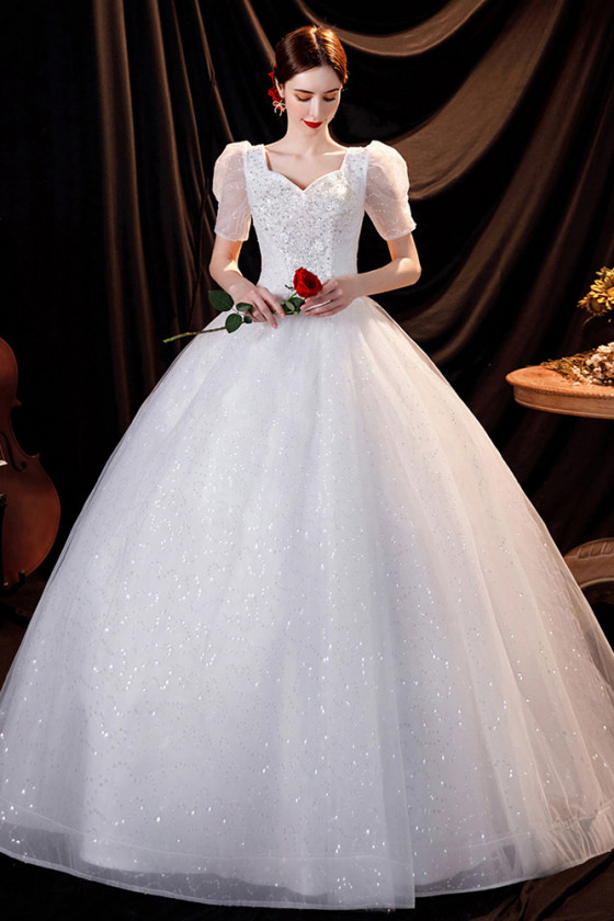 Bling Tulle Princess Ballgown Wedding Dress with Bubble Sequin Sleeves