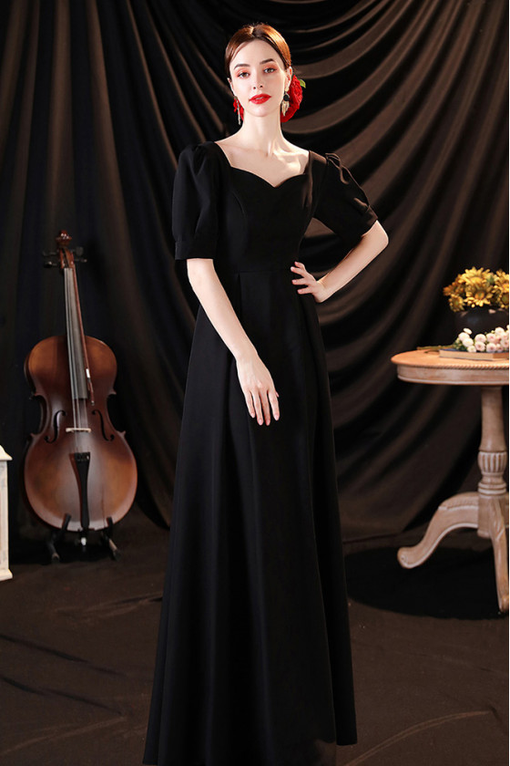 Modest Simple Long Black Evening Dress with Sleeves