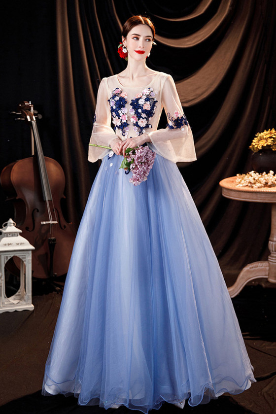 Blue Tulle Prom Dress Ballgown Flowers with Lantern Long Sleeves