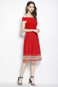 Red Off The Shoulder Embroidery Short Dress - CK2070