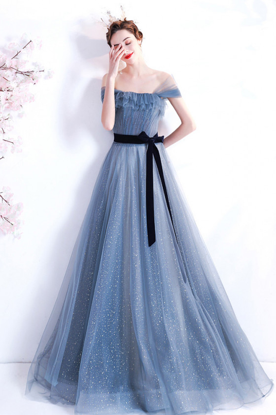 Mist Blue Simple Tulle Black Sash Prom Dress with Off Shoulder Straps