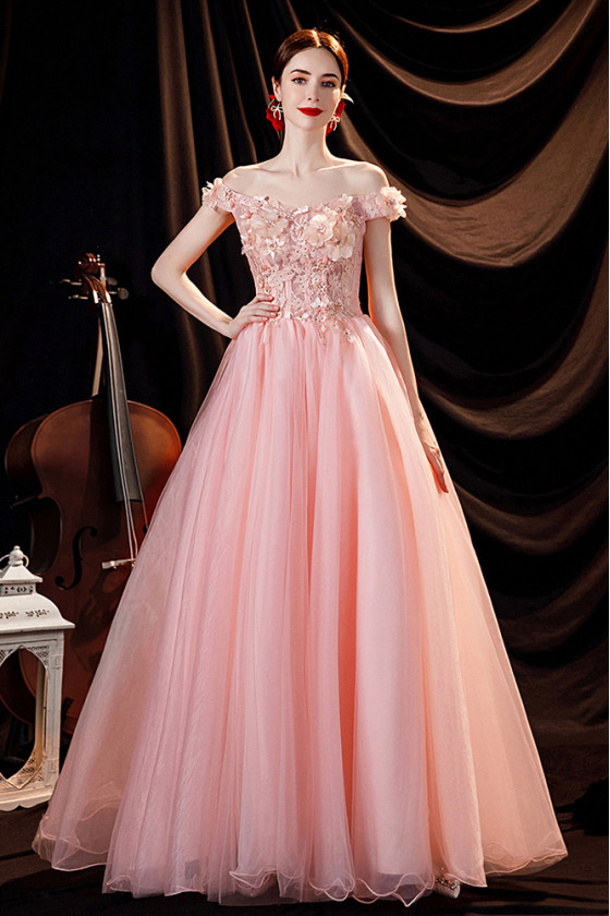Off Shoulder Lovely Pink Ballgown Tulle Long Prom Dress with Applique Flowers
